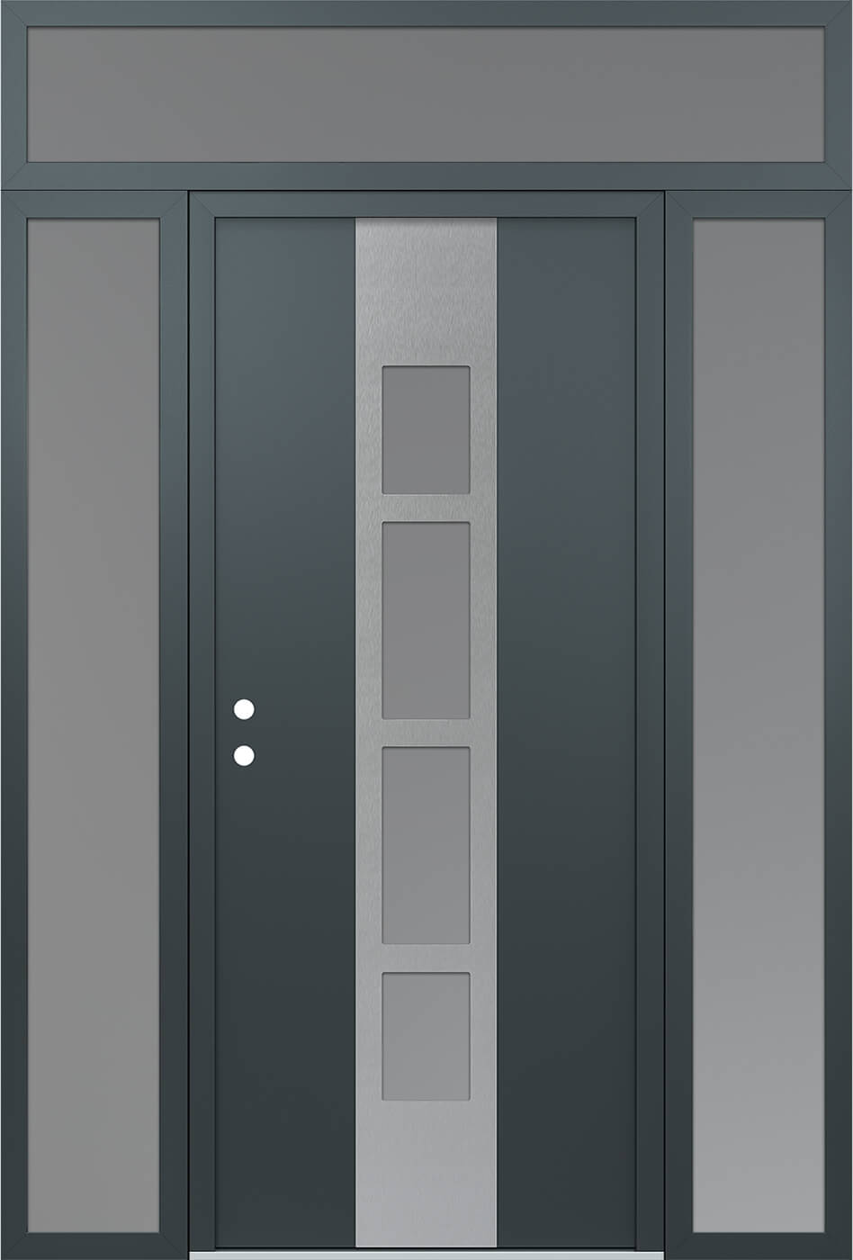 Modern Steel Front Door DIAMOND A10 64" X 96" ANTHRACITE/ANTHRACITE FROSTED GLASS PANEL STAINLESS STEEL LHI WITH 2 SIDELITES AND TRANSOM CLEAR GLASS