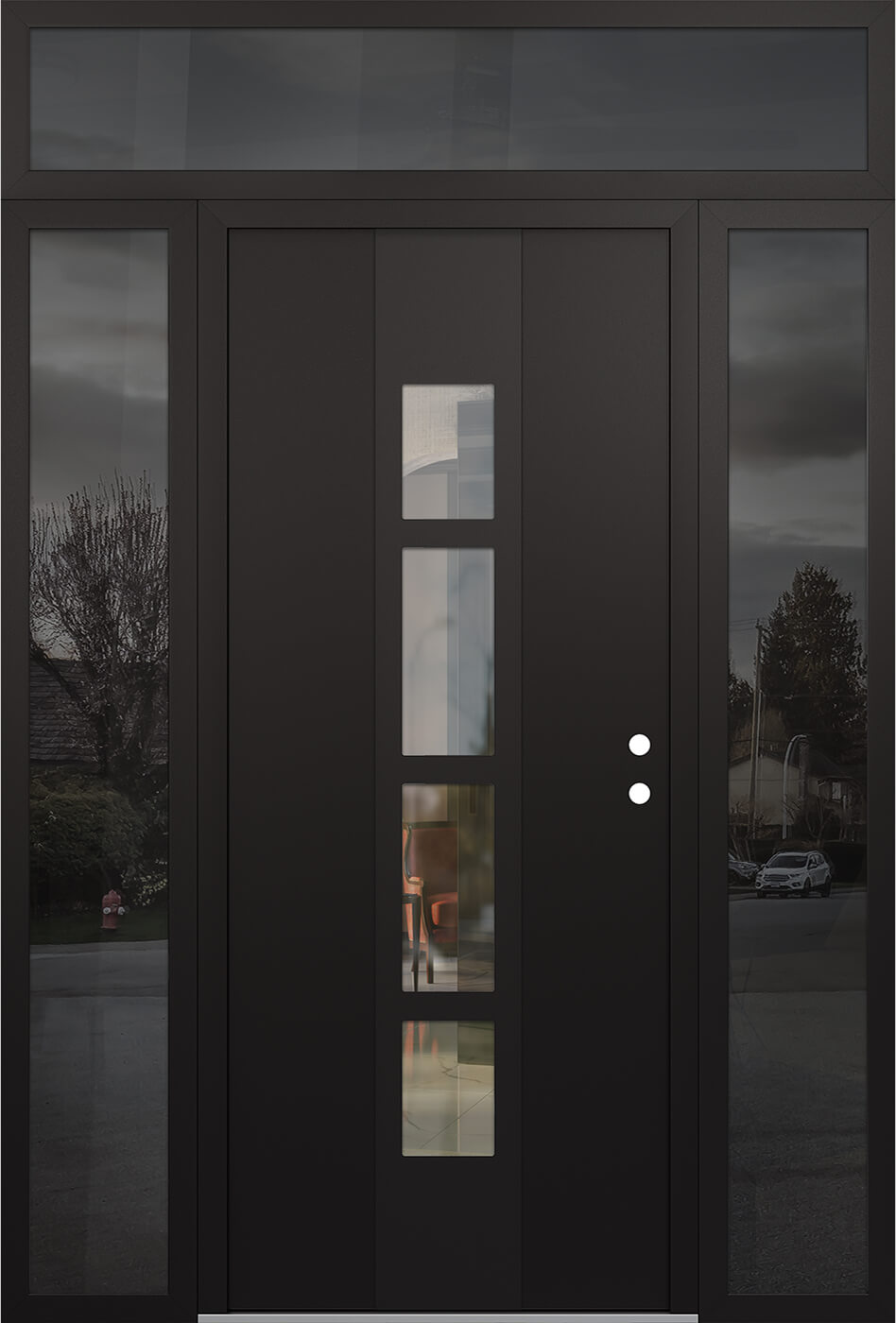 Modern Steel Front Door DIAMOND A10 64" X 96" BLACK/BLACK CLEAR GLASS PANEL BLACK LHI WITH 2 SIDELITES AND TRANSOM FROSTED GLASS