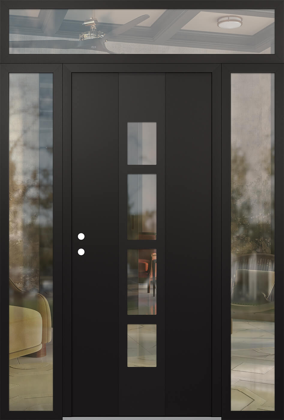 Modern Steel Front Door DIAMOND A10 64" X 96" BLACK/BLACK CLEAR GLASS PANEL BLACK RHI WITH 2 SIDELITES AND TRANSOM MIRRORED GLASS