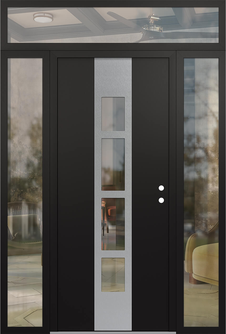 Modern Steel Front Door DIAMOND A10 64" X 96" BLACK/BLACK CLEAR GLASS PANEL STAINLESS STEEL LHI WITH 2 SIDELITES AND TRANSOM MIRRORED GLASS