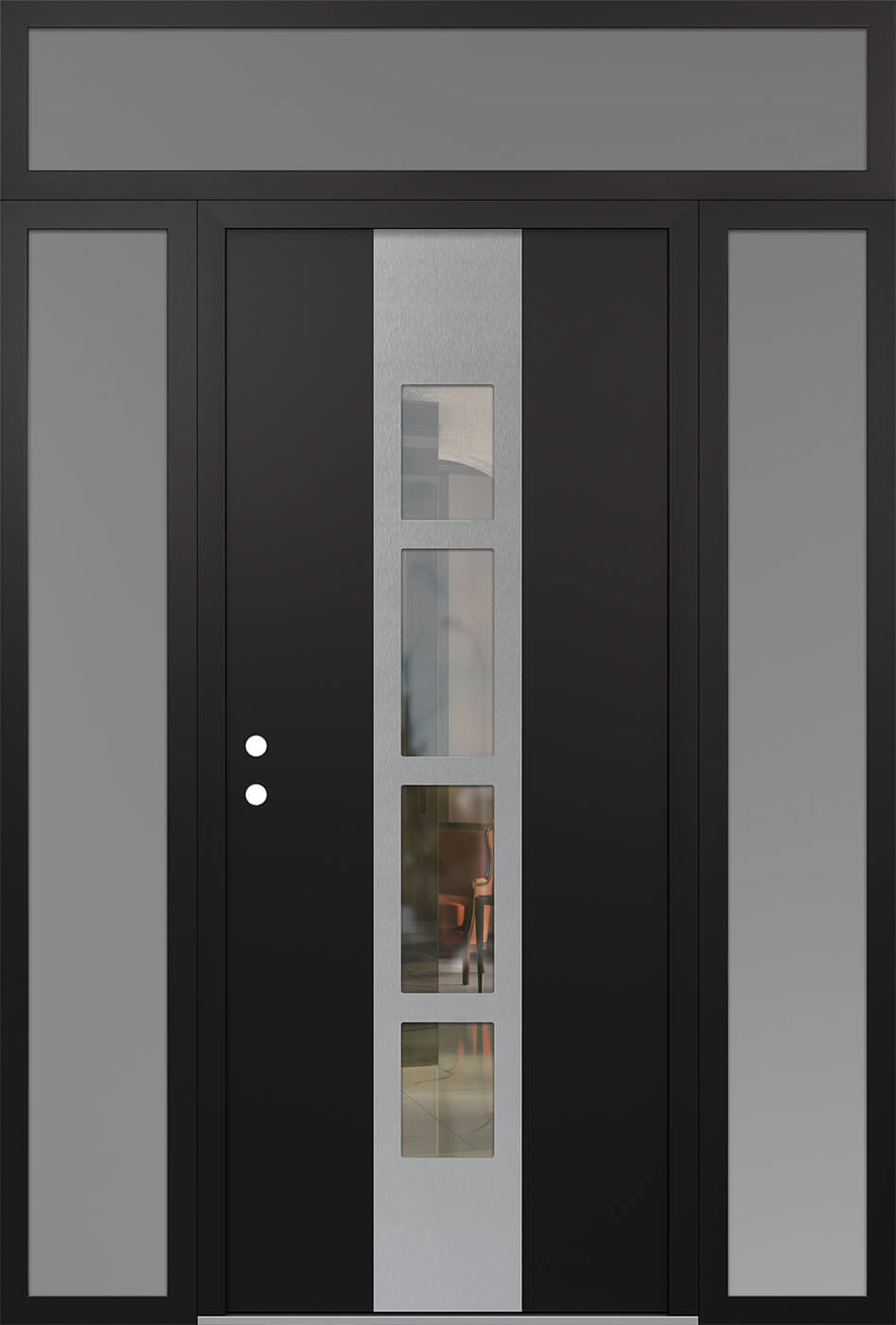 Modern Steel Front Door DIAMOND A10 64" X 96" BLACK/BLACK CLEAR GLASS PANEL STAINLESS STEEL RHI WITH 2 SIDELITES AND TRANSOM MIRRORED GLASS