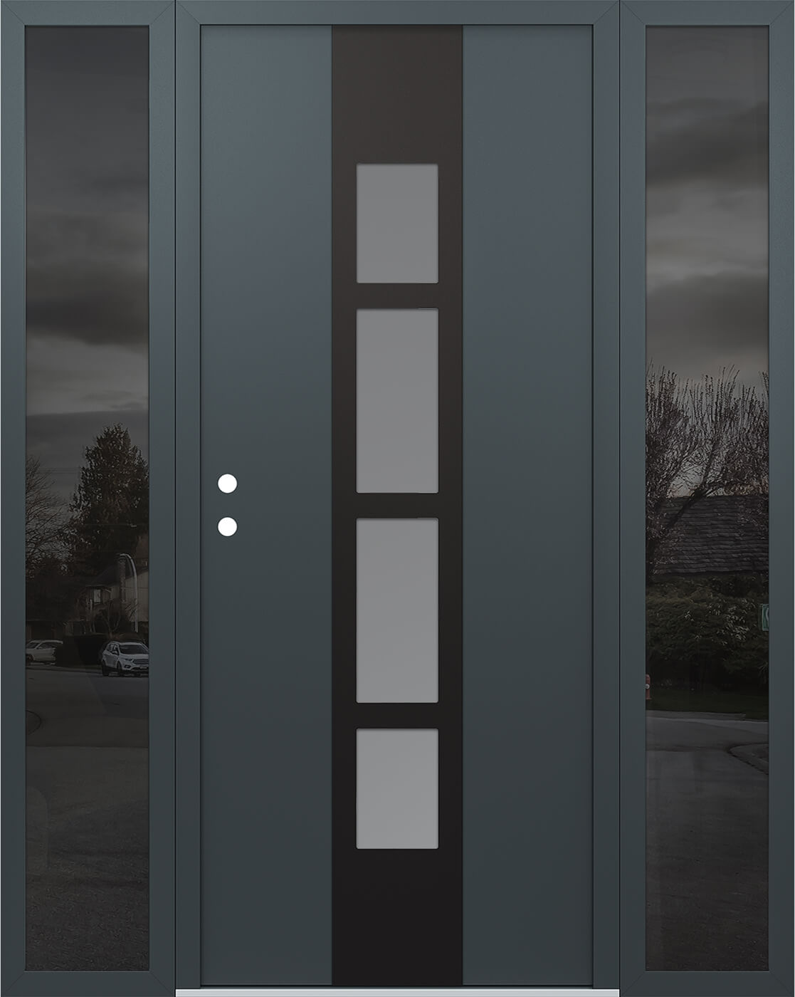 Modern Steel Front Door DIAMOND A10 68" X 80" ANTHRACITE/ANTHRACITE FROSTED GLASS PANEL BLACK RHI WITH 2 SIDELITES CLEAR GLASS