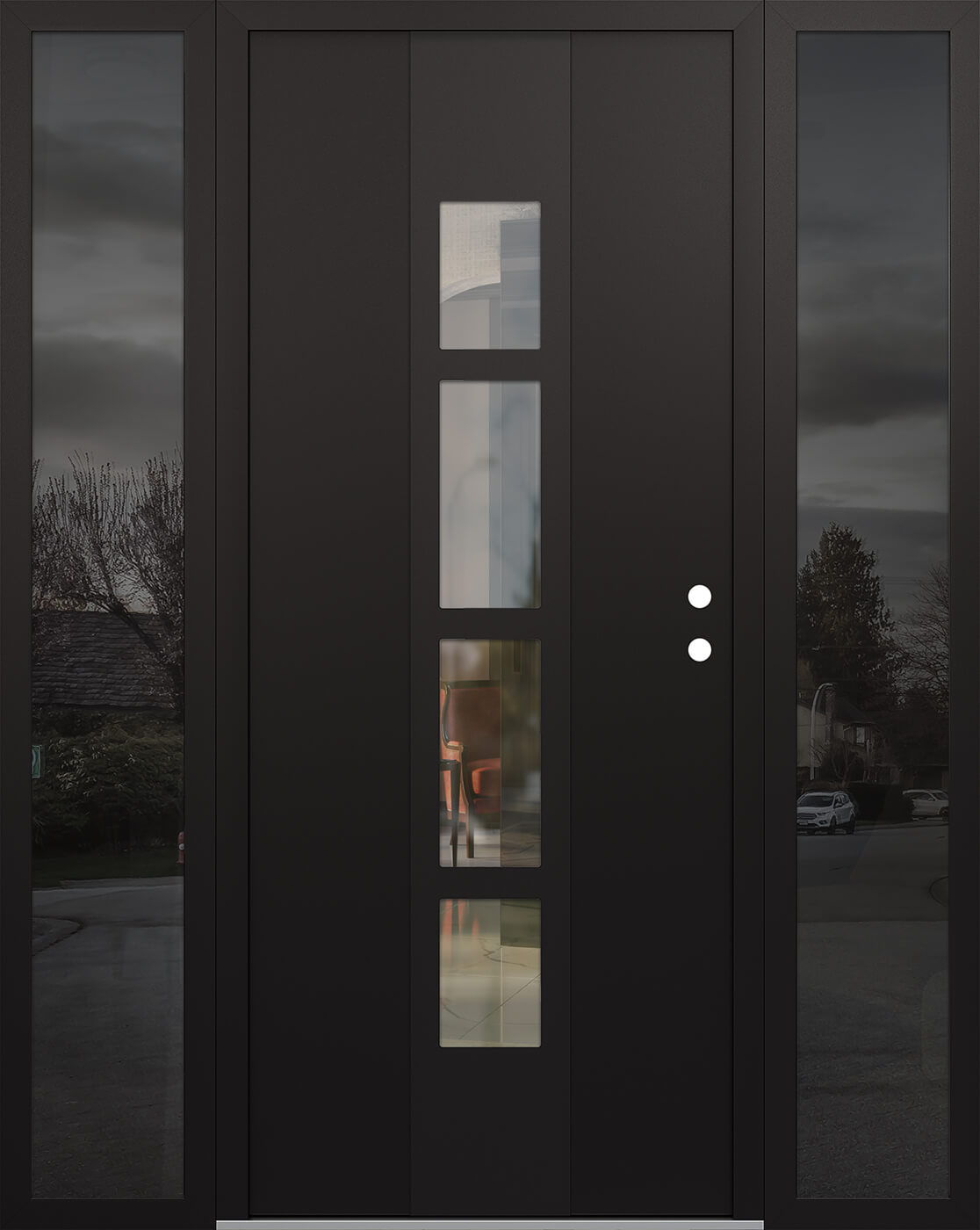 Modern Steel Front Door DIAMOND A10 68" X 80" BLACK/BLACK CLEAR GLASS PANEL BLACK LHI WITH 2 SIDELITES FROSTED GLASS