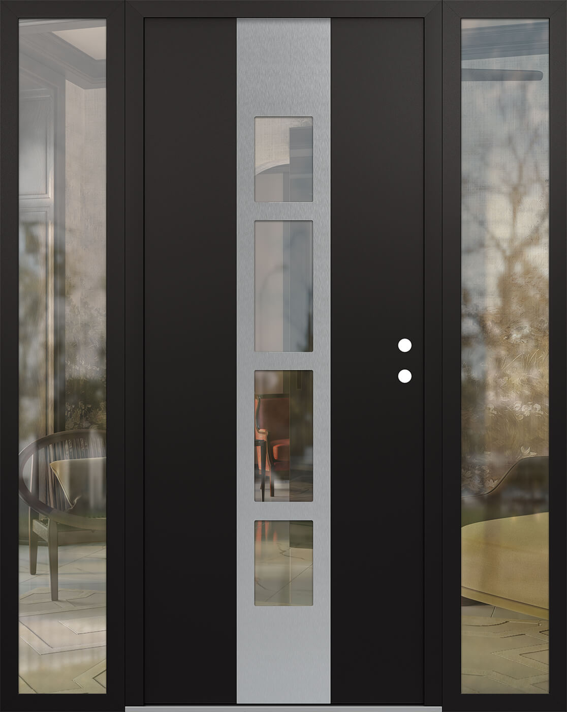 Modern Steel Front Door DIAMOND A10 68" X 80" BLACK/BLACK CLEAR GLASS PANEL STAINLESS STEEL LHI WITH 2 SIDELITES FROSTED GLASS