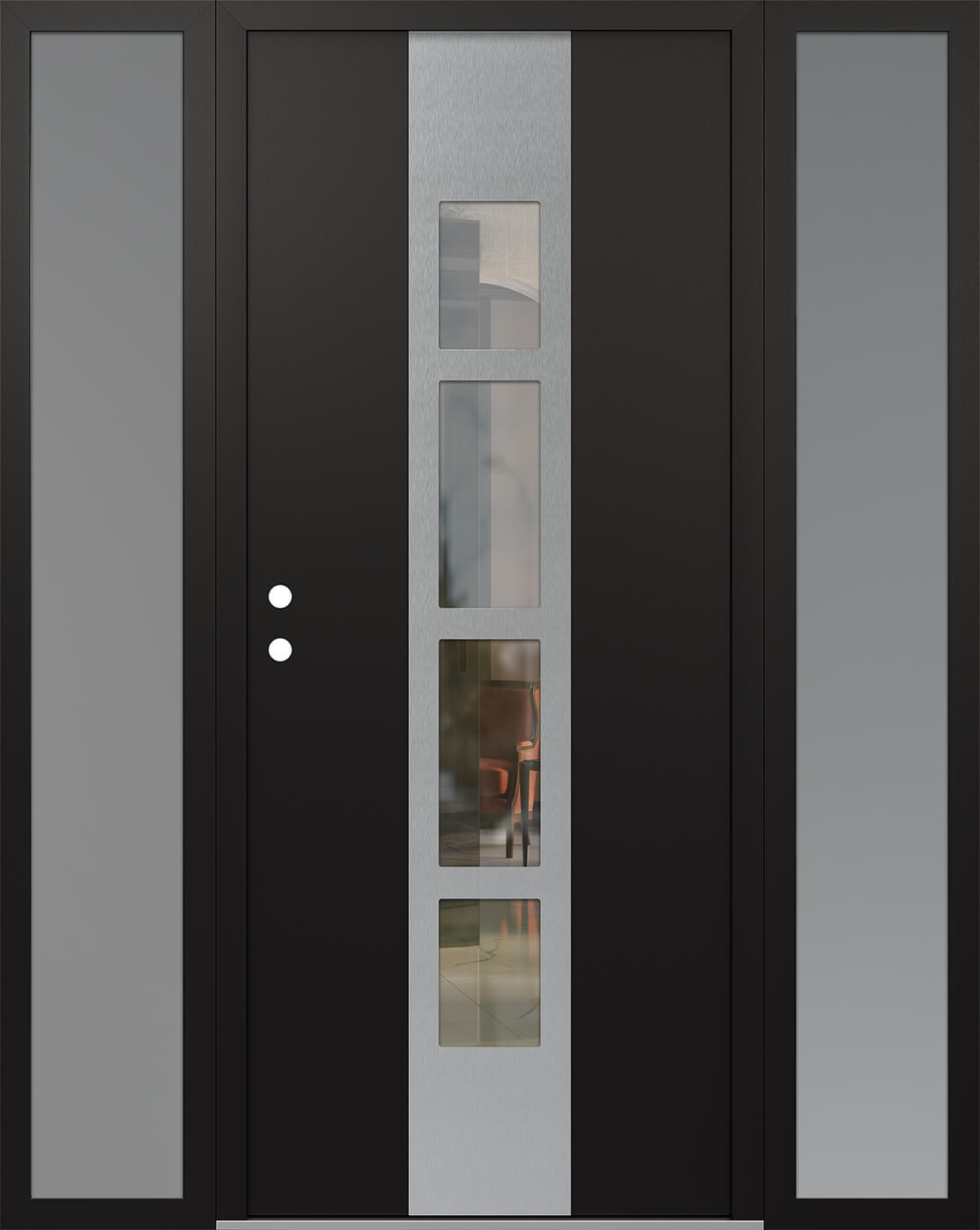 Modern Steel Front Door DIAMOND A10 68" X 80" BLACK/BLACK CLEAR GLASS PANEL STAINLESS STEEL RHI WITH 2 SIDELITES MIRRORED GLASS