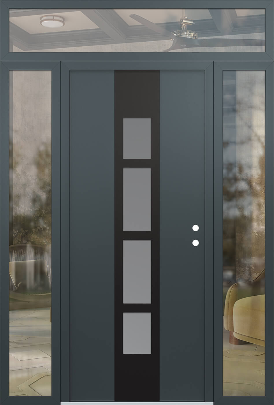 Modern Steel Front Door DIAMOND A10 68" X 96" ANTHRACITE/ANTHRACITE FROSTED GLASS PANEL BLACK LHI WITH 2 SIDELITES AND TRANSOM MIRRORED GLASS