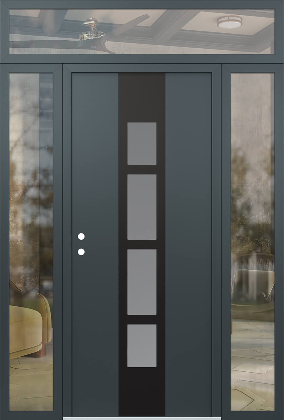 Modern Steel Front Door DIAMOND A10 68" X 96" ANTHRACITE/ANTHRACITE FROSTED GLASS PANEL BLACK RHI WITH 2 SIDELITES AND TRANSOM MIRRORED GLASS