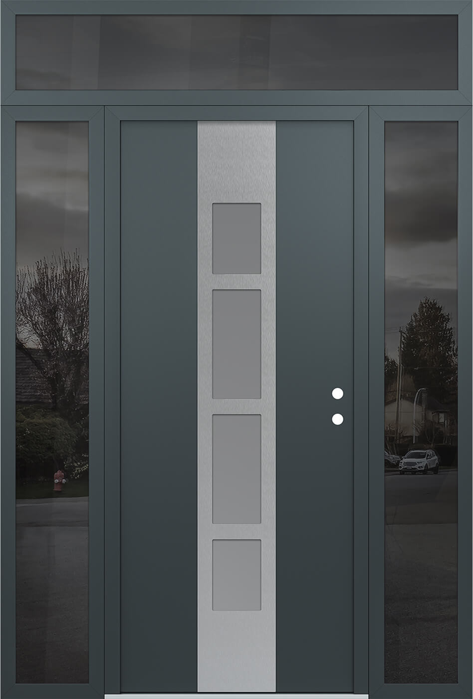 Modern Steel Front Door DIAMOND A10 68" X 96" ANTHRACITE/ANTHRACITE FROSTED GLASS PANEL STAINLESS STEEL LHI WITH 2 SIDELITES AND TRANSOM CLEAR GLASS