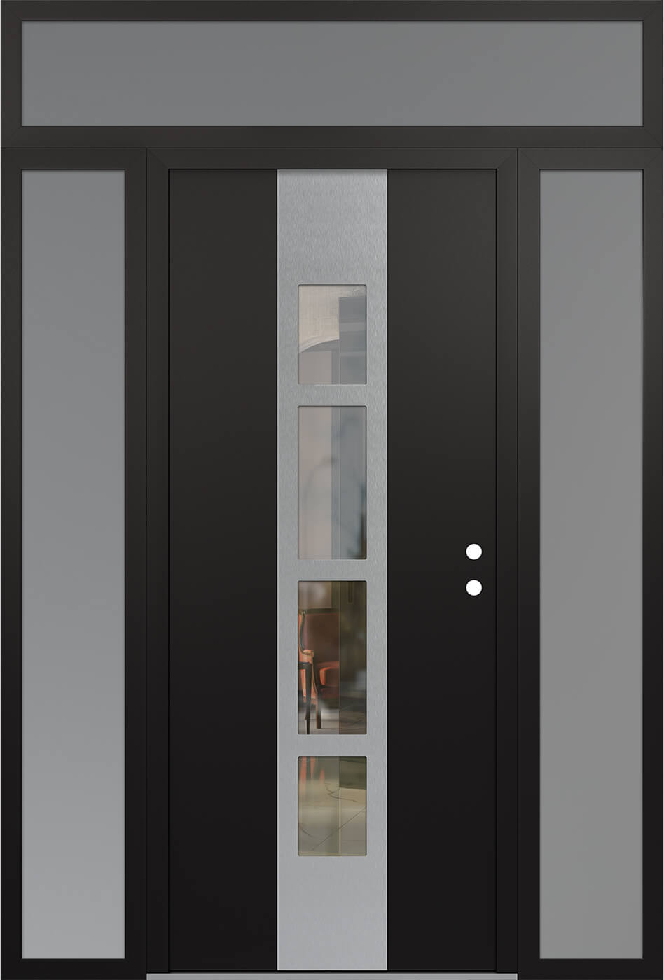 Modern Steel Front Door DIAMOND A10 68" X 96" BLACK/BLACK CLEAR GLASS PANEL STAINLESS STEEL LHI WITH 2 SIDELITES AND TRANSOM MIRRORED GLASS