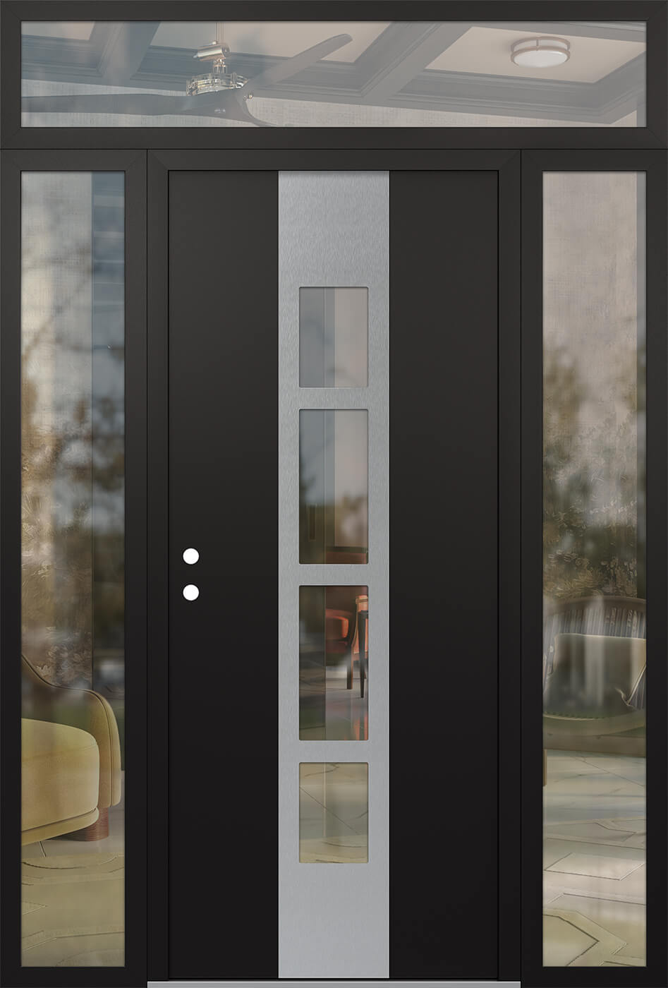 Modern Steel Front Door DIAMOND A10 68" X 96" BLACK/BLACK CLEAR GLASS PANEL STAINLESS STEEL RHI WITH 2 SIDELITES AND TRANSOM FROSTED GLASS