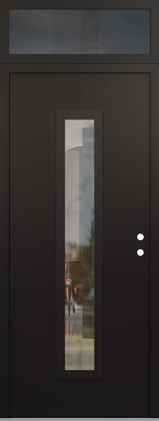 Modern Steel Front Door DIAMOND A11 36" X 96" BLACK/BLACK CLEAR GLASS PANEL BLACK LHI WITH TRANSOM MIRRORED GLASS