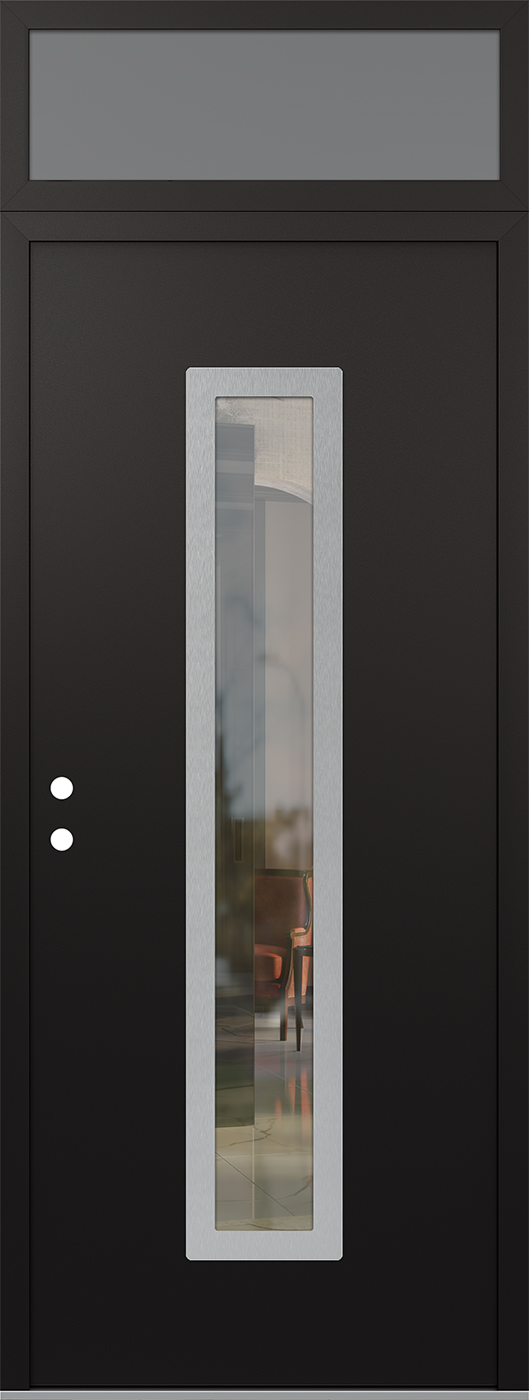 Modern Steel Front Door DIAMOND A11 36" X 96" BLACK/BLACK CLEAR GLASS PANEL STAINLESS STEEL RHI WITH TRANSOM MIRRORED GLASS