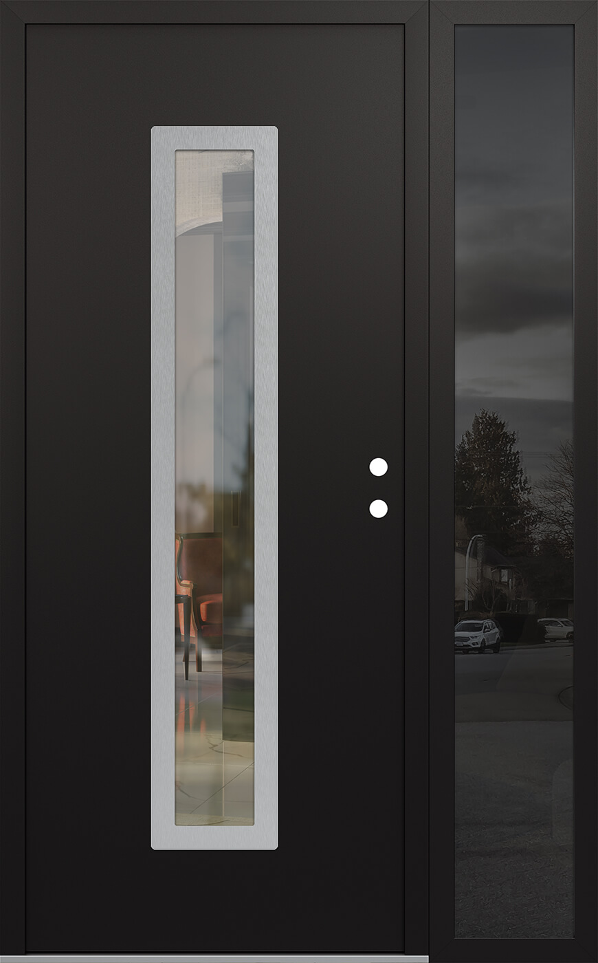Modern Steel Front Door DIAMOND A11 48" X 80" BLACK/BLACK CLEAR GLASS PANEL STAINLESS STEEL LHI WITH SIDELITE CLEAR GLASS