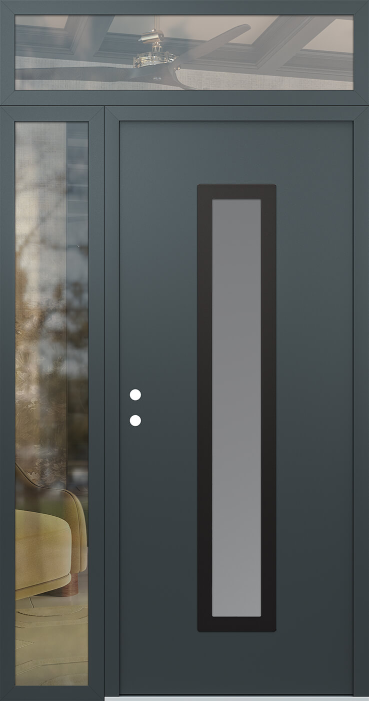 Modern Steel Front Door DIAMOND A11 48" X 96" ANTHRACITE/ANTHRACITE FROSTED GLASS PANEL BLACK RHI WITH SIDELITE AND TRANSOM FROSTED GLASS