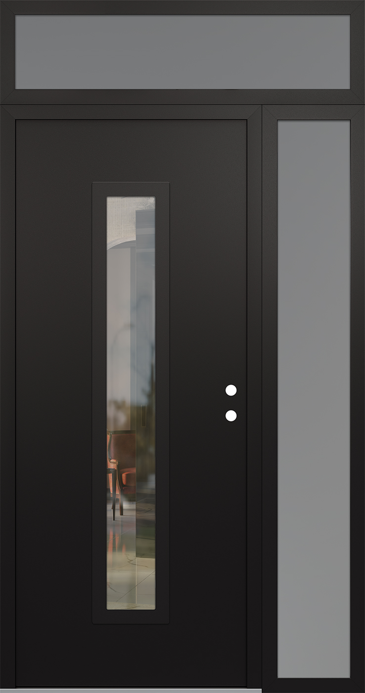 Modern Steel Front Door DIAMOND A11 48" X 96" BLACK/BLACK CLEAR GLASS PANEL BLACK LHI WITH SIDELITE AND TRANSOM CLEAR GLASS