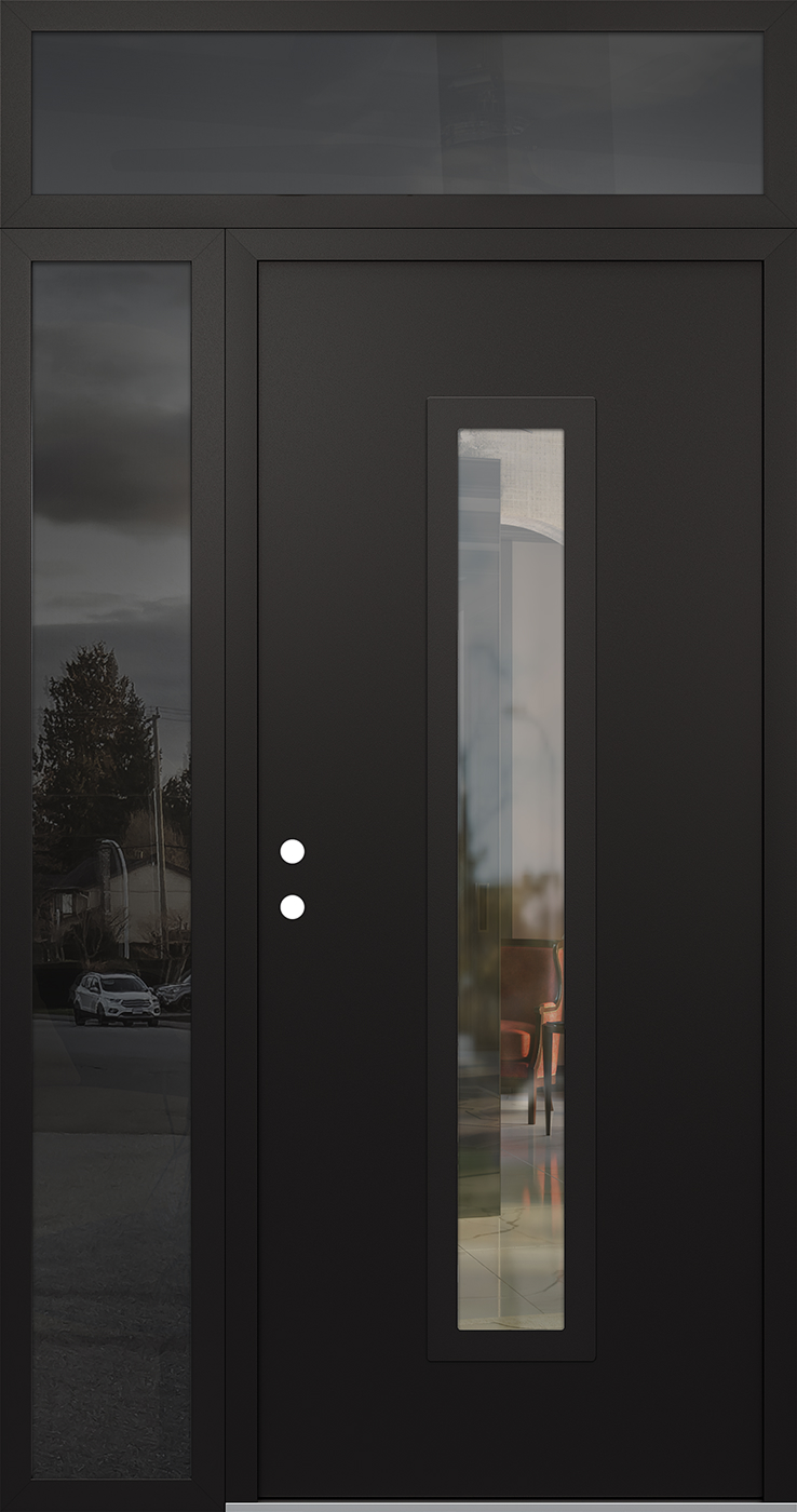 Modern Steel Front Door DIAMOND A11 48" X 96" BLACK/BLACK CLEAR GLASS PANEL BLACK RHI WITH SIDELITE AND TRANSOM FROSTED GLASS
