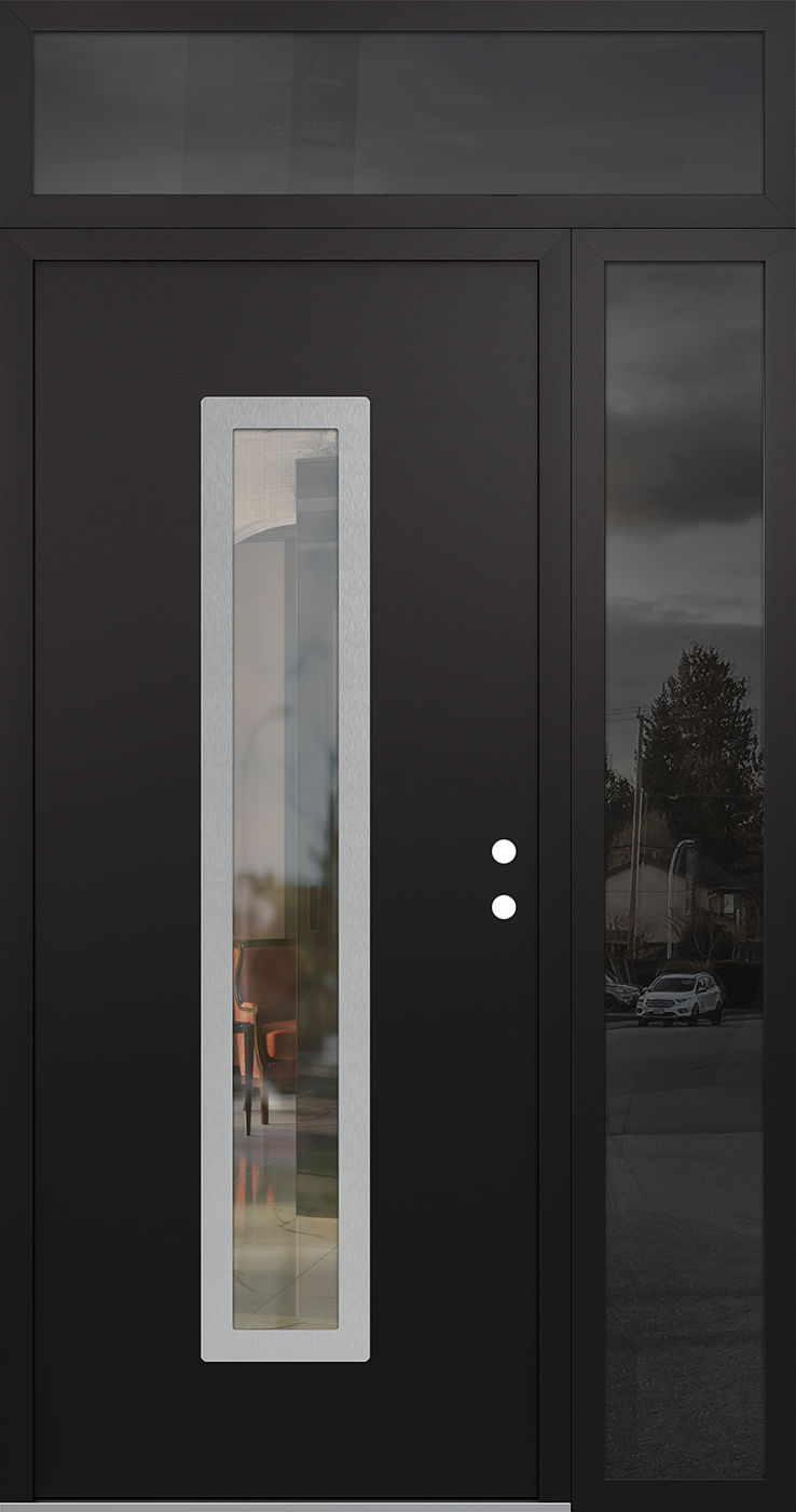 Modern Steel Front Door DIAMOND A11 48" X 96" BLACK/BLACK CLEAR GLASS PANEL STAINLESS STEEL LHI WITH SIDELITE AND TRANSOM CLEAR GLASS