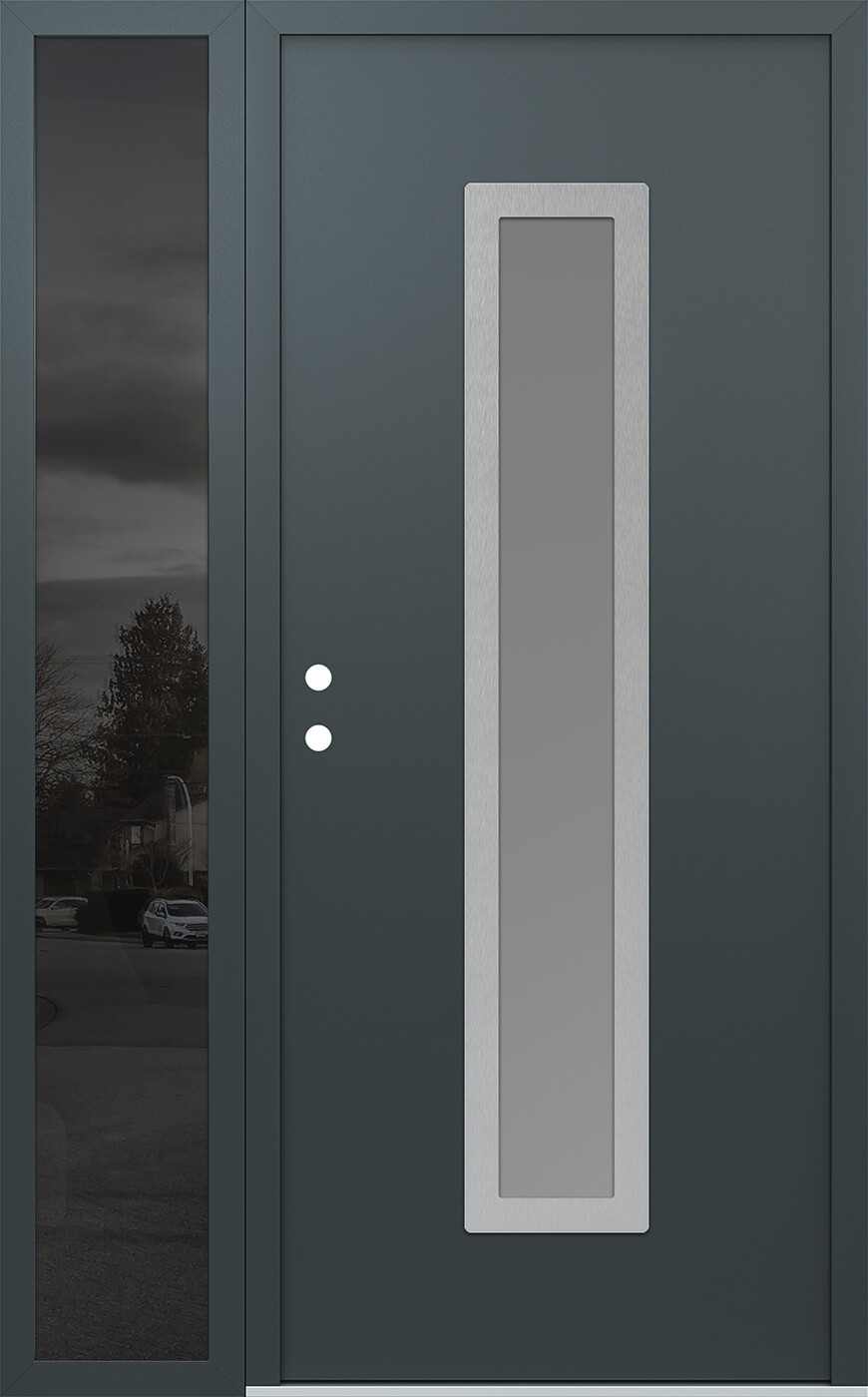 Modern Steel Front Door DIAMOND A11 50" X 80" ANTHRACITE/ANTHRACITE FROSTED GLASS PANEL STAINLESS STEEL RHI WITH SIDELITE CLEAR GLASS