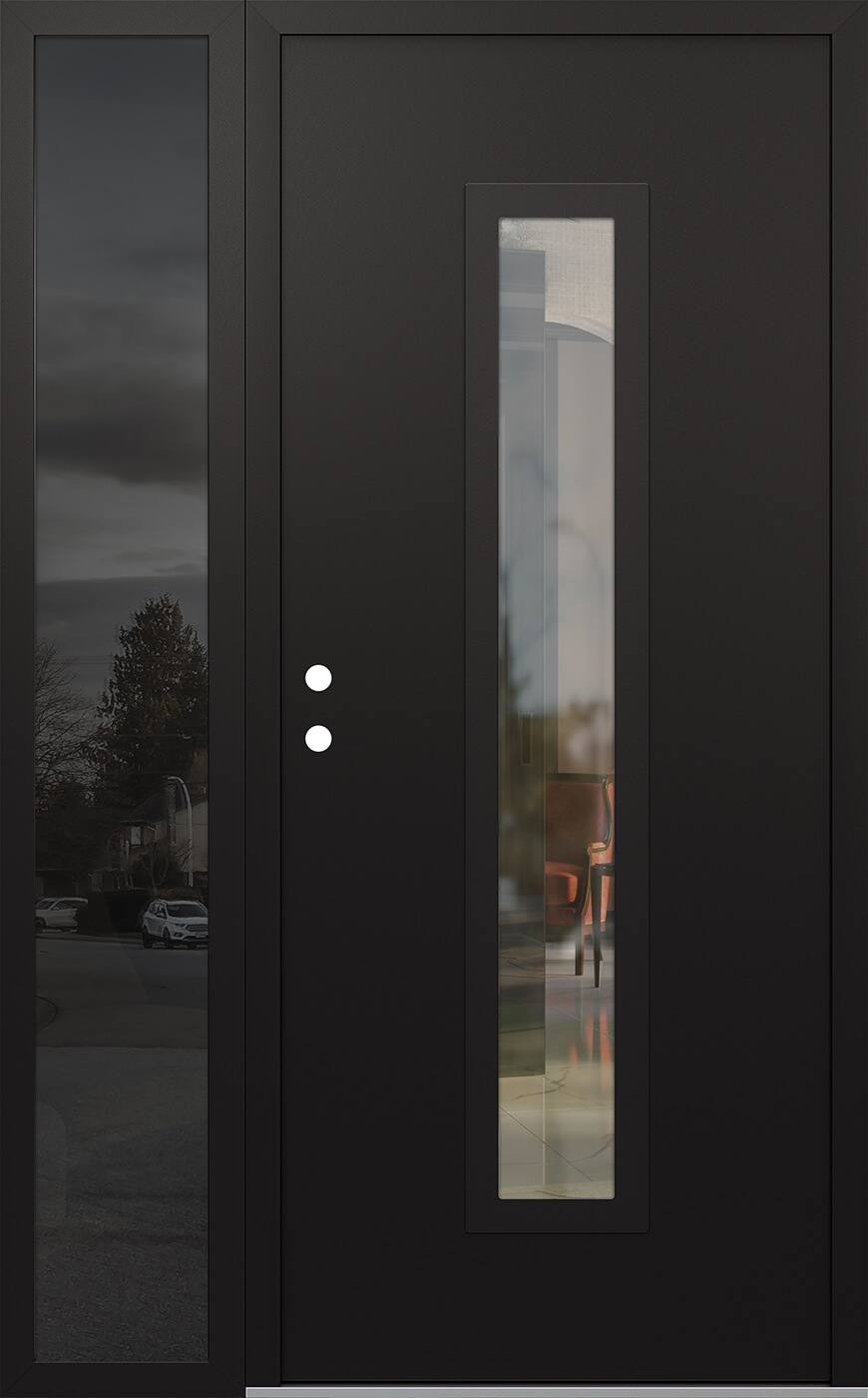Modern Steel Front Door DIAMOND A11 50" X 80" BLACK/BLACK CLEAR GLASS PANEL BLACK RHI WITH SIDELITE MIRRORED GLASS
