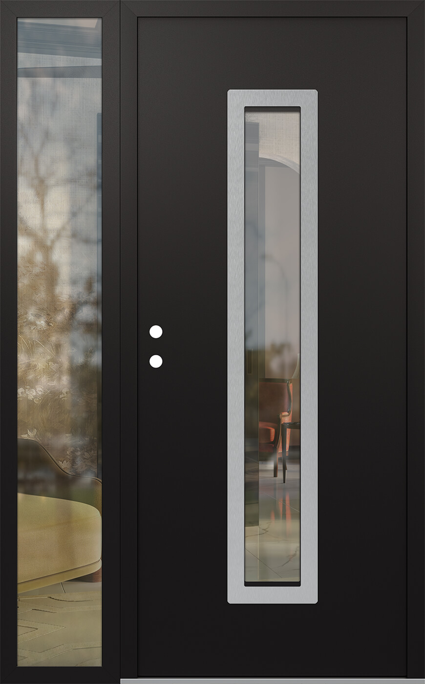 Modern Steel Front Door DIAMOND A11 50" X 80" BLACK/BLACK CLEAR GLASS PANEL STAINLESS STEEL RHI WITH SIDELITE FROSTED GLASS