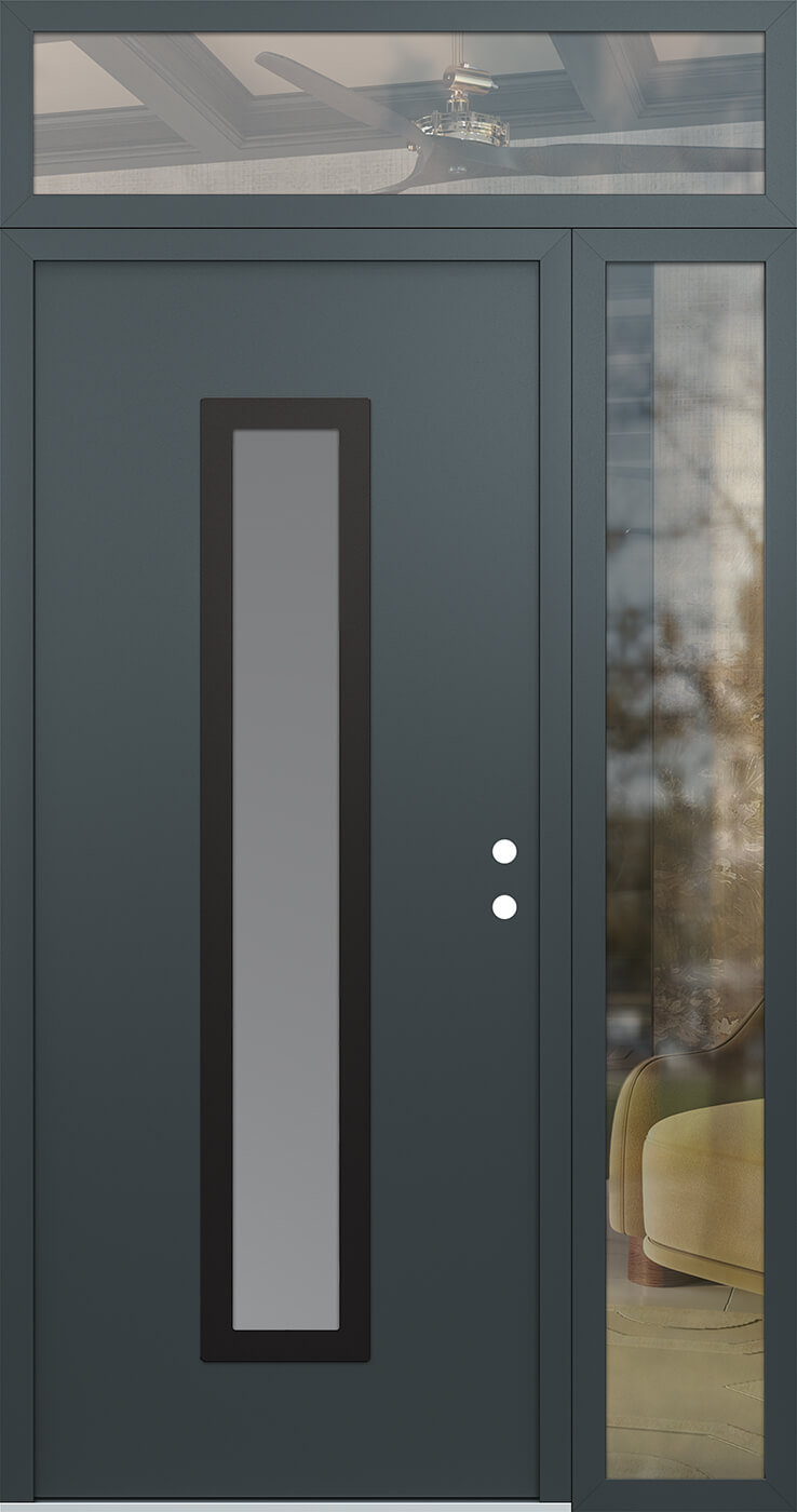 Modern Steel Front Door DIAMOND A11 50" X 96" ANTHRACITE/ANTHRACITE FROSTED GLASS PANEL BLACK LHI WITH SIDELITE AND TRANSOM MIRRORED GLASS