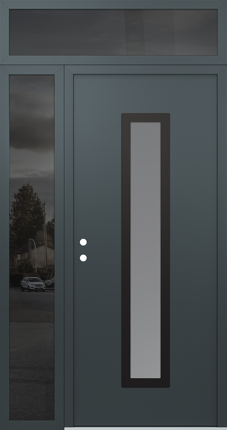 Modern Steel Front Door DIAMOND A11 50" X 96" ANTHRACITE/ANTHRACITE FROSTED GLASS PANEL BLACK RHI WITH SIDELITE AND TRANSOM FROSTED GLASS