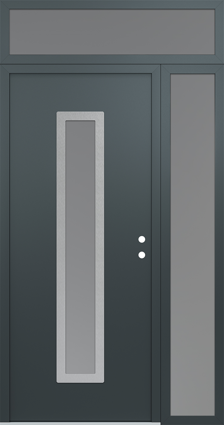 Modern Steel Front Door DIAMOND A11 50" X 96" ANTHRACITE/ANTHRACITE FROSTED GLASS PANEL STAINLESS STEEL RHI WITH SIDELITE AND TRANSOM MIRRORED GLASS