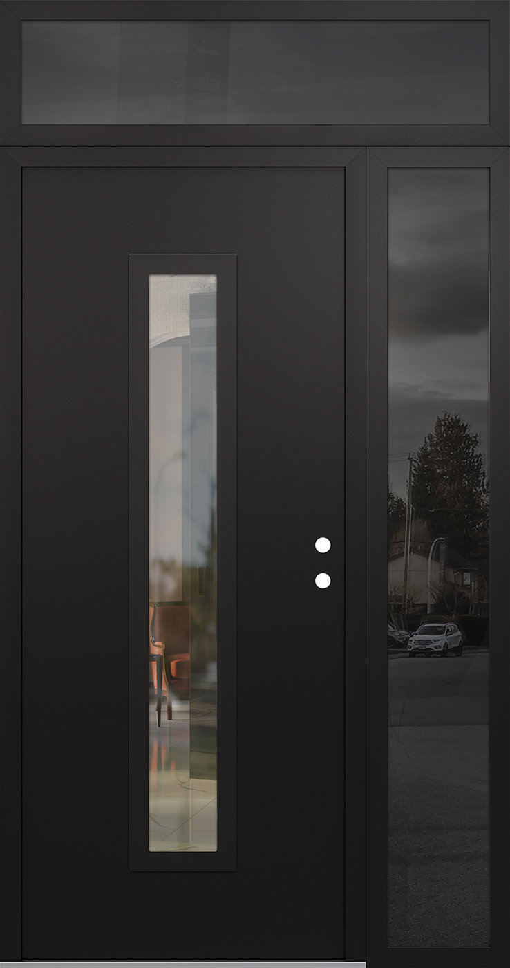 Modern Steel Front Door DIAMOND A11 50" X 96" BLACK/BLACK CLEAR GLASS PANEL BLACK LHI WITH SIDELITE AND TRANSOM FROSTED GLASS