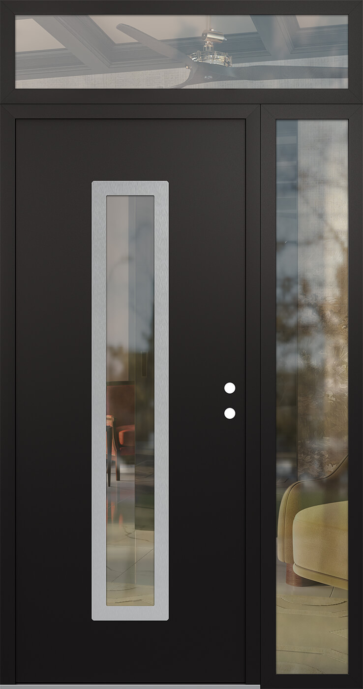 Modern Steel Front Door DIAMOND A11 50" X 96" BLACK/BLACK CLEAR GLASS PANEL STAINLESS STEEL LHI WITH SIDELITE AND TRANSOM MIRRORED GLASS
