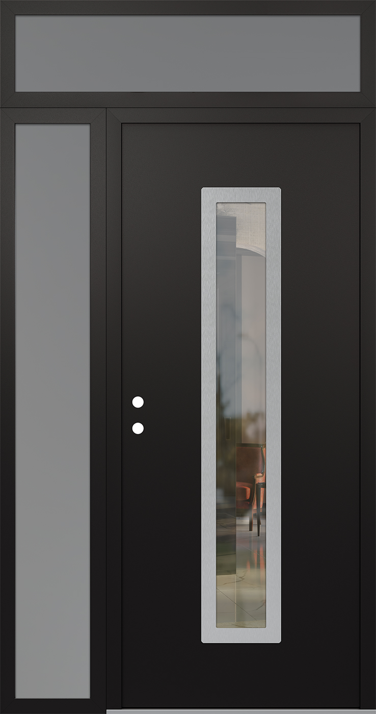 Modern Steel Front Door DIAMOND A11 50" X 96" BLACK/BLACK CLEAR GLASS PANEL STAINLESS STEEL RHI WITH SIDELITE AND TRANSOM MIRRORED GLASS