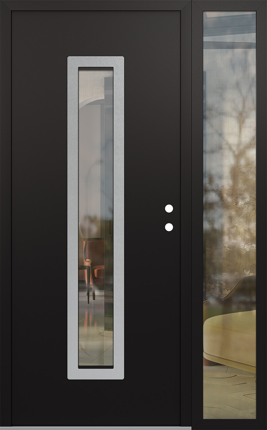 Modern Steel Front Door DIAMOND A11 52" X 80" BLACK/BLACK CLEAR GLASS PANEL STAINLESS STEEL LHI WITH SIDELITE FROSTED GLASS
