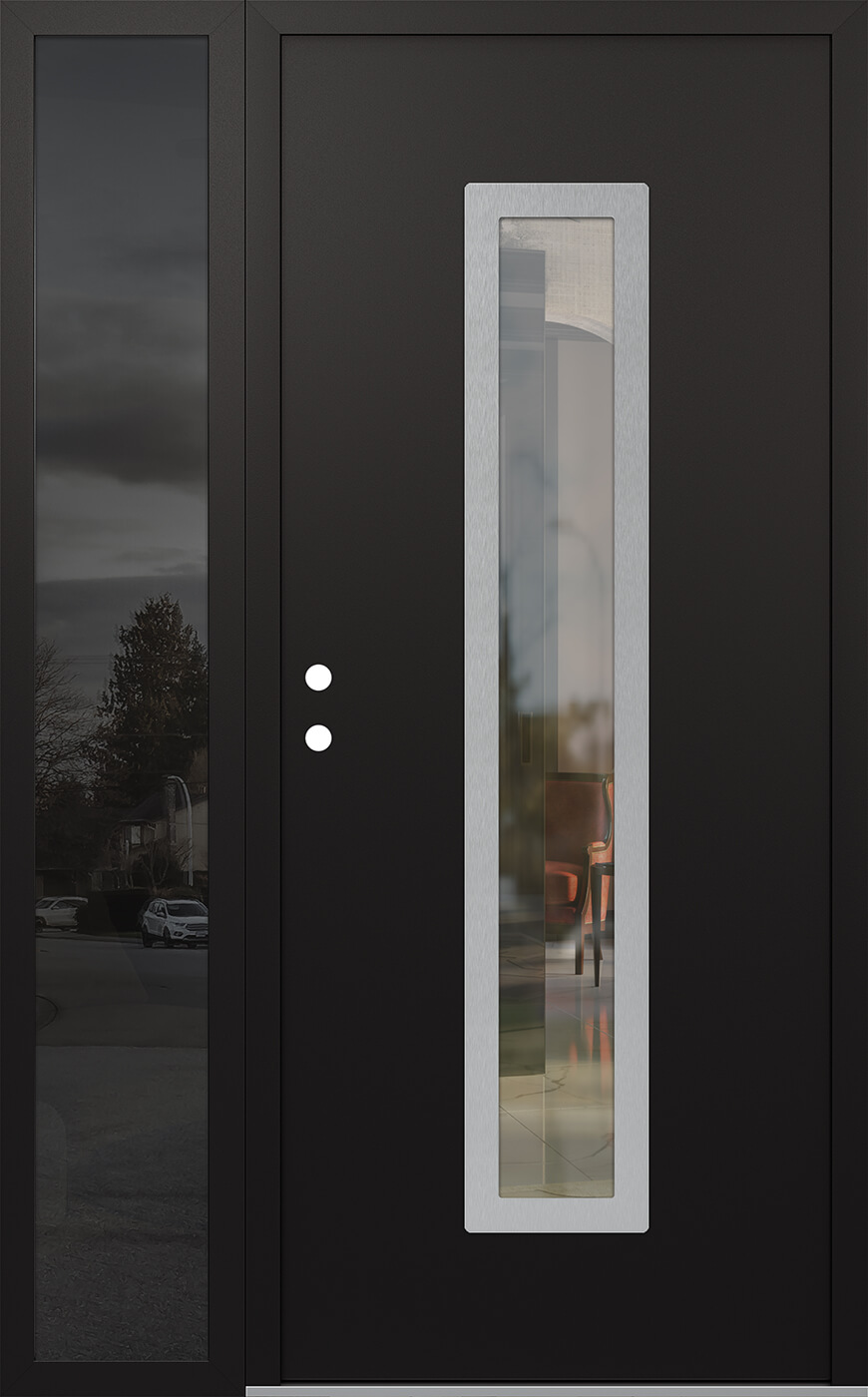 Modern Steel Front Door DIAMOND A11 52" X 80" BLACK/BLACK CLEAR GLASS PANEL STAINLESS STEEL RHI WITH SIDELITE CLEAR GLASS