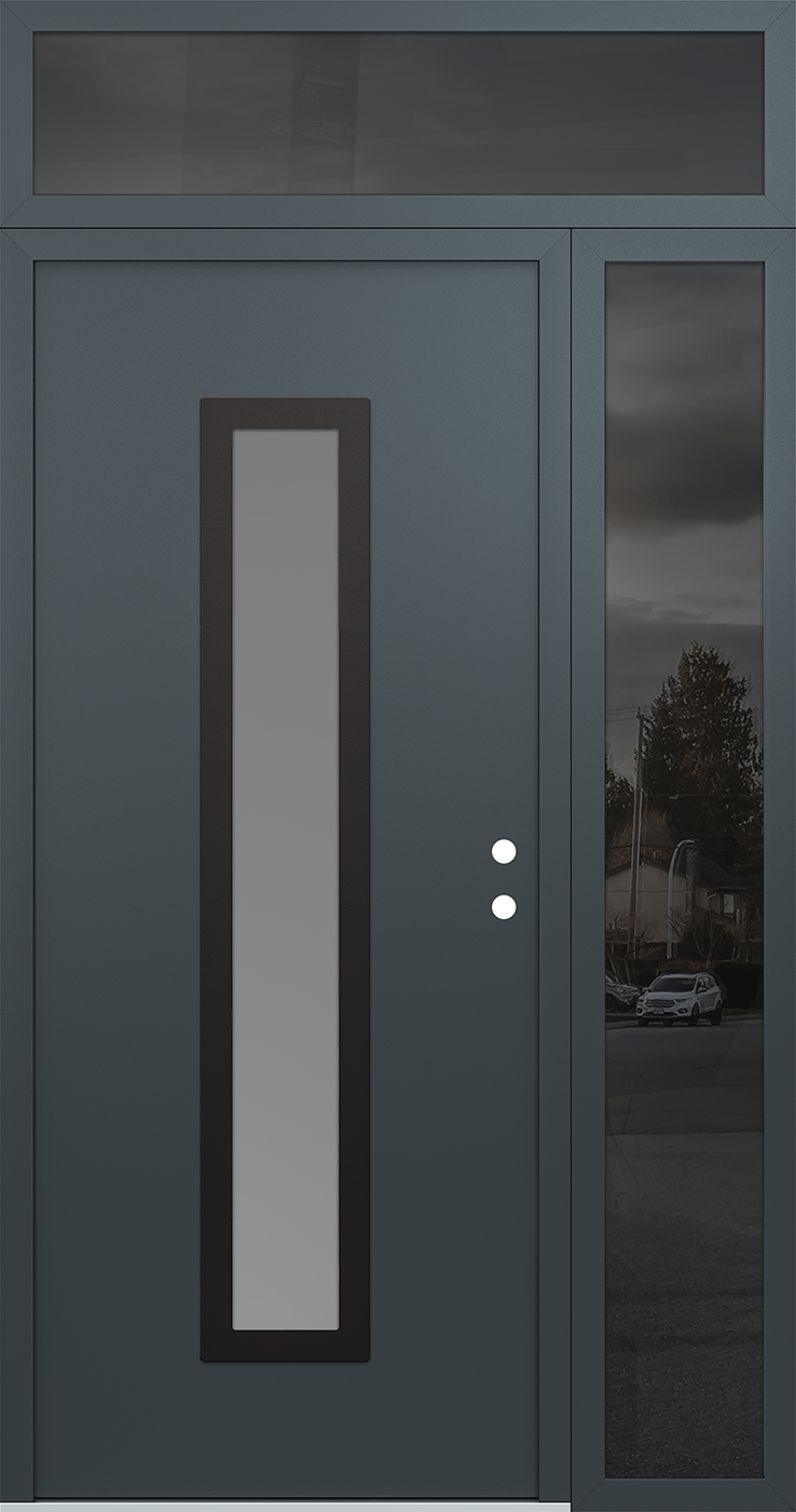 Modern Steel Front Door DIAMOND A11 52" X 96" ANTHRACITE/ANTHRACITE FROSTED GLASS PANEL BLACK LHI WITH SIDELITE AND TRANSOM FROSTED GLASS