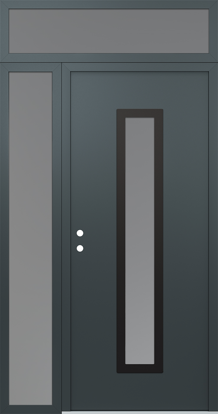 Modern Steel Front Door DIAMOND A11 52" X 96" ANTHRACITE/ANTHRACITE FROSTED GLASS PANEL BLACK RHI WITH SIDELITE AND TRANSOM CLEAR GLASS