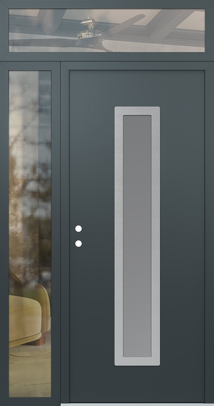 Modern Steel Front Door DIAMOND A11 52" X 96" ANTHRACITE/ANTHRACITE FROSTED GLASS PANEL STAINLESS STEEL LHI WITH SIDELITE AND TRANSOM MIRRORED GLASS