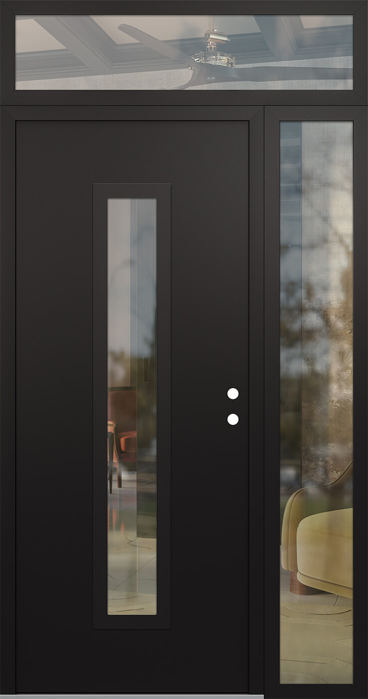 Modern Steel Front Door DIAMOND A11 52" X 96" BLACK/BLACK CLEAR GLASS PANEL BLACK LHI WITH SIDELITE AND TRANSOM FROSTED GLASS