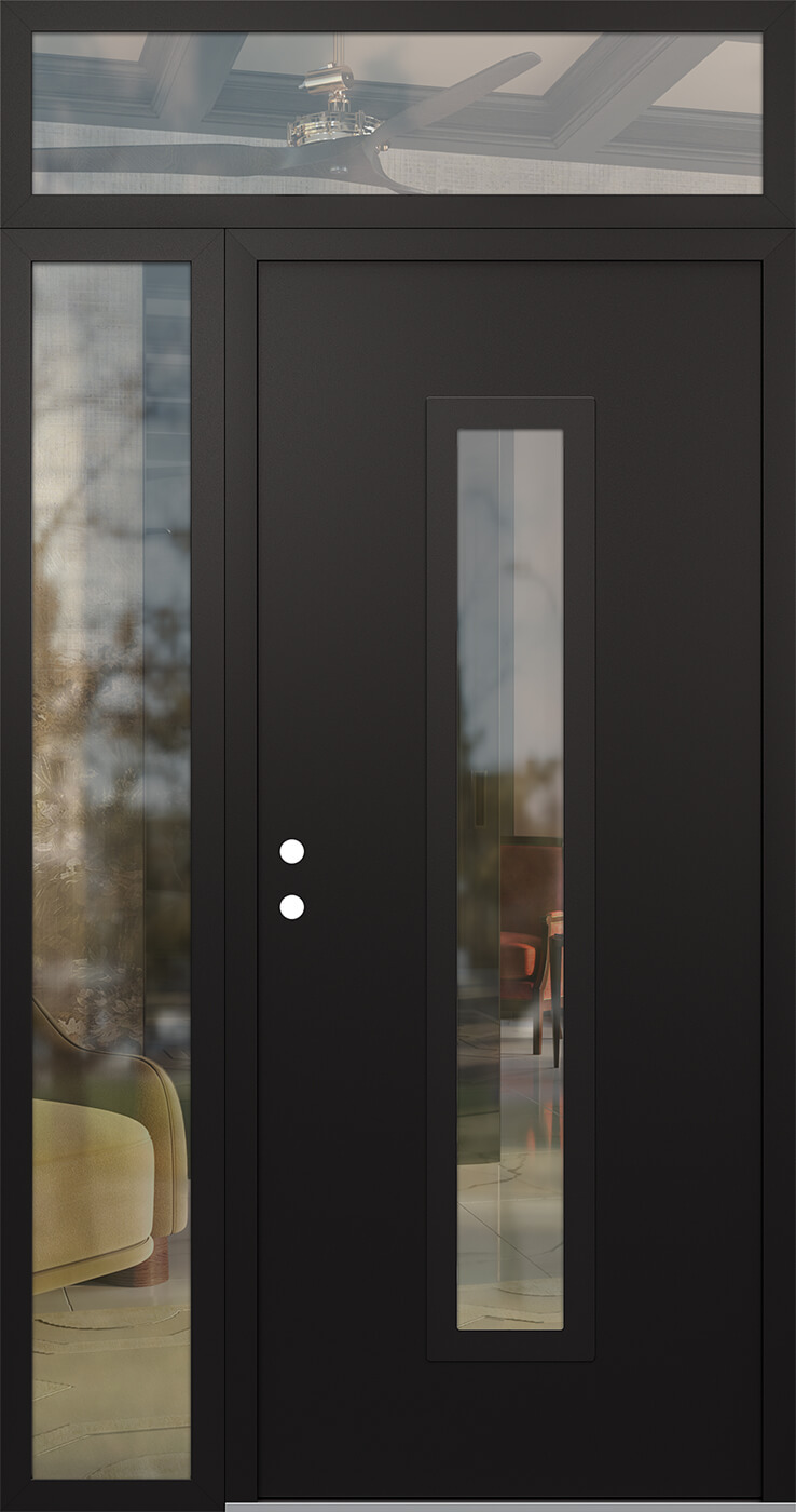 Modern Steel Front Door DIAMOND A11 52" X 96" BLACK/BLACK CLEAR GLASS PANEL BLACK RHI WITH SIDELITE AND TRANSOM FROSTED GLASS