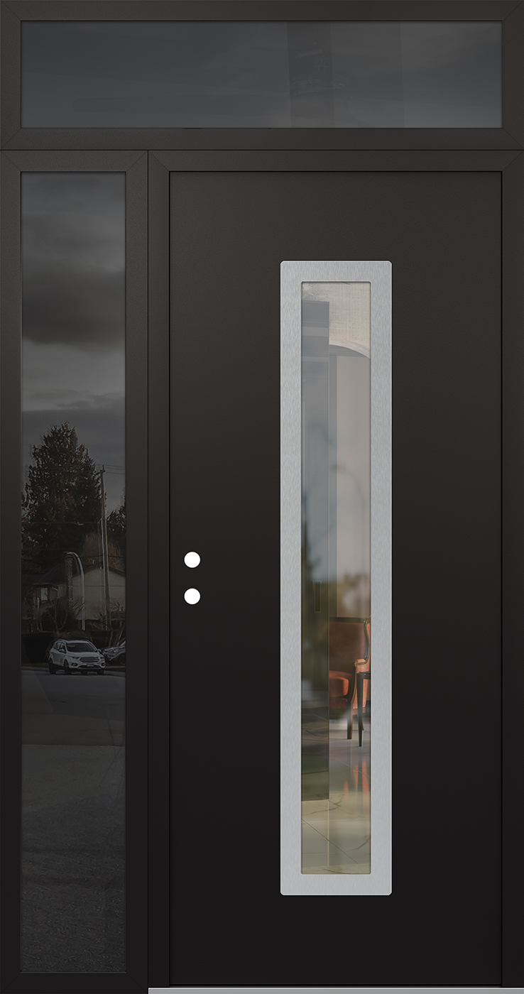 Modern Steel Front Door DIAMOND A11 52" X 96" BLACK/BLACK CLEAR GLASS PANEL STAINLESS STEEL RHI WITH SIDELITE AND TRANSOM CLEAR GLASS