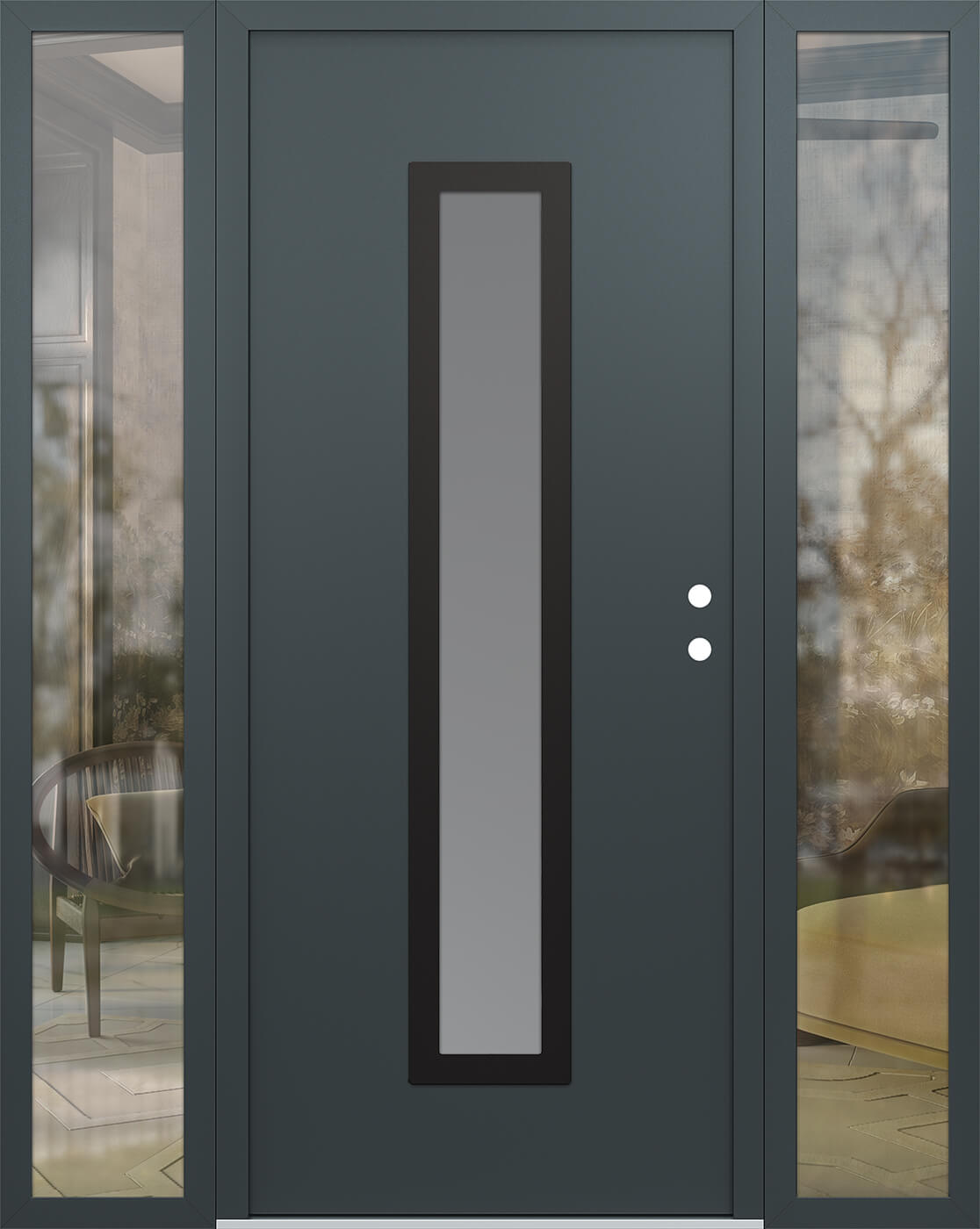 Modern Steel Front Door DIAMOND A11 60" X 80" ANTHRACITE/ANTHRACITE FROSTED GLASS PANEL BLACK LHI WITH 2 SIDELITES FROSTED GLASS