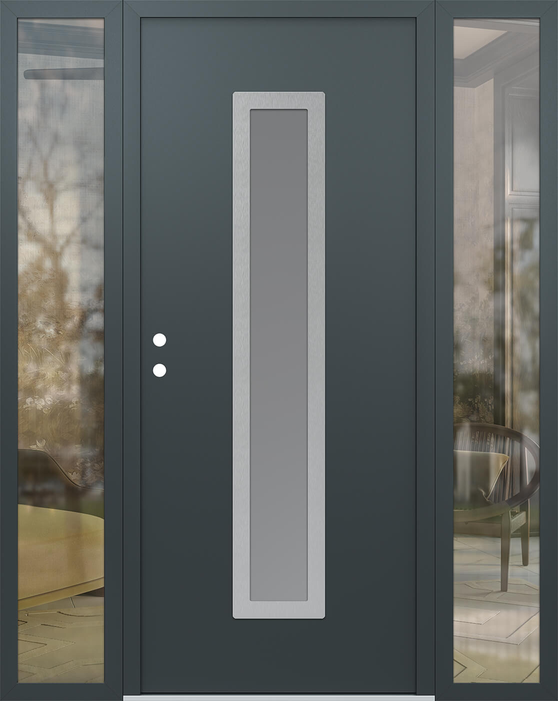 Modern Steel Front Door DIAMOND A11 60" X 80" ANTHRACITE/ANTHRACITE FROSTED GLASS PANEL STAINLESS STEEL LHI WITH 2 SIDELITES FROSTED GLASS