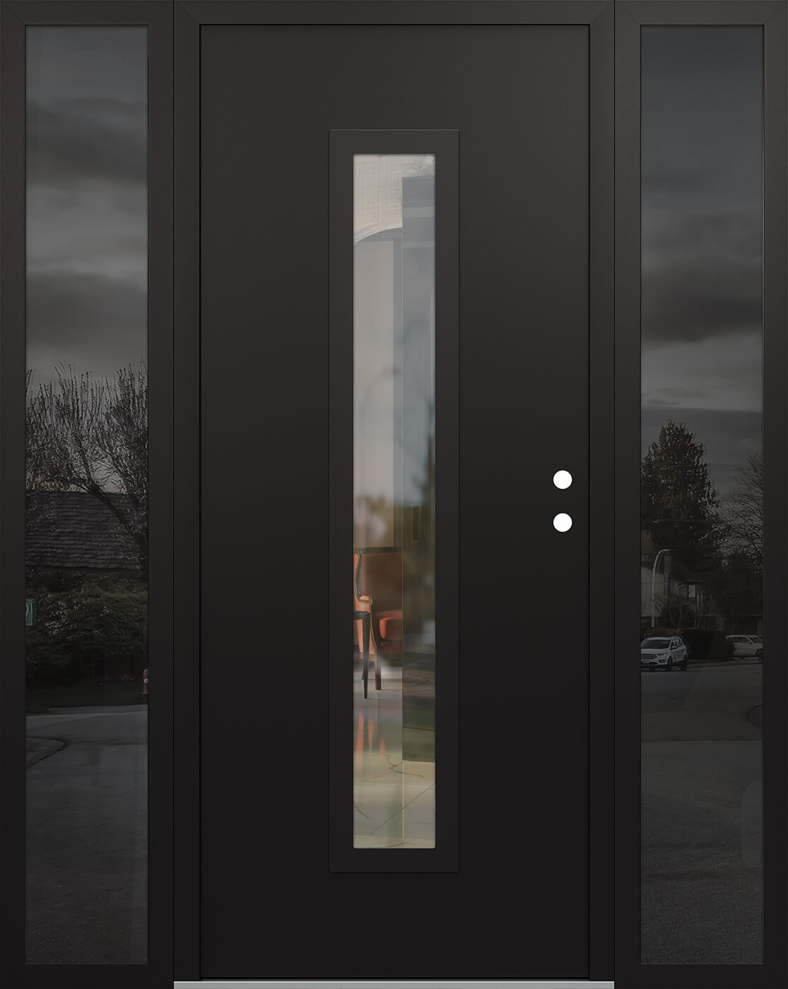 Modern Steel Front Door DIAMOND A11 60" X 80" BLACK/BLACK CLEAR GLASS PANEL BLACK LHI WITH 2 SIDELITES FROSTED GLASS