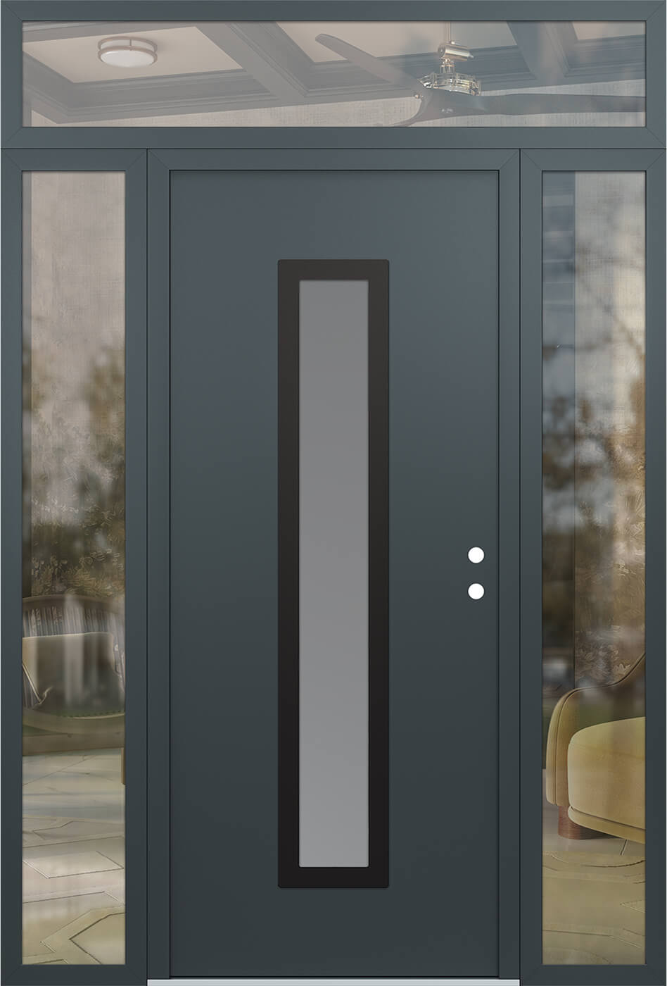 Modern Steel Front Door DIAMOND A11 60" X 96" ANTHRACITE/ANTHRACITE FROSTED GLASS PANEL BLACK LHI WITH 2 SIDELITES AND TRANSOM MIRRORED GLASS