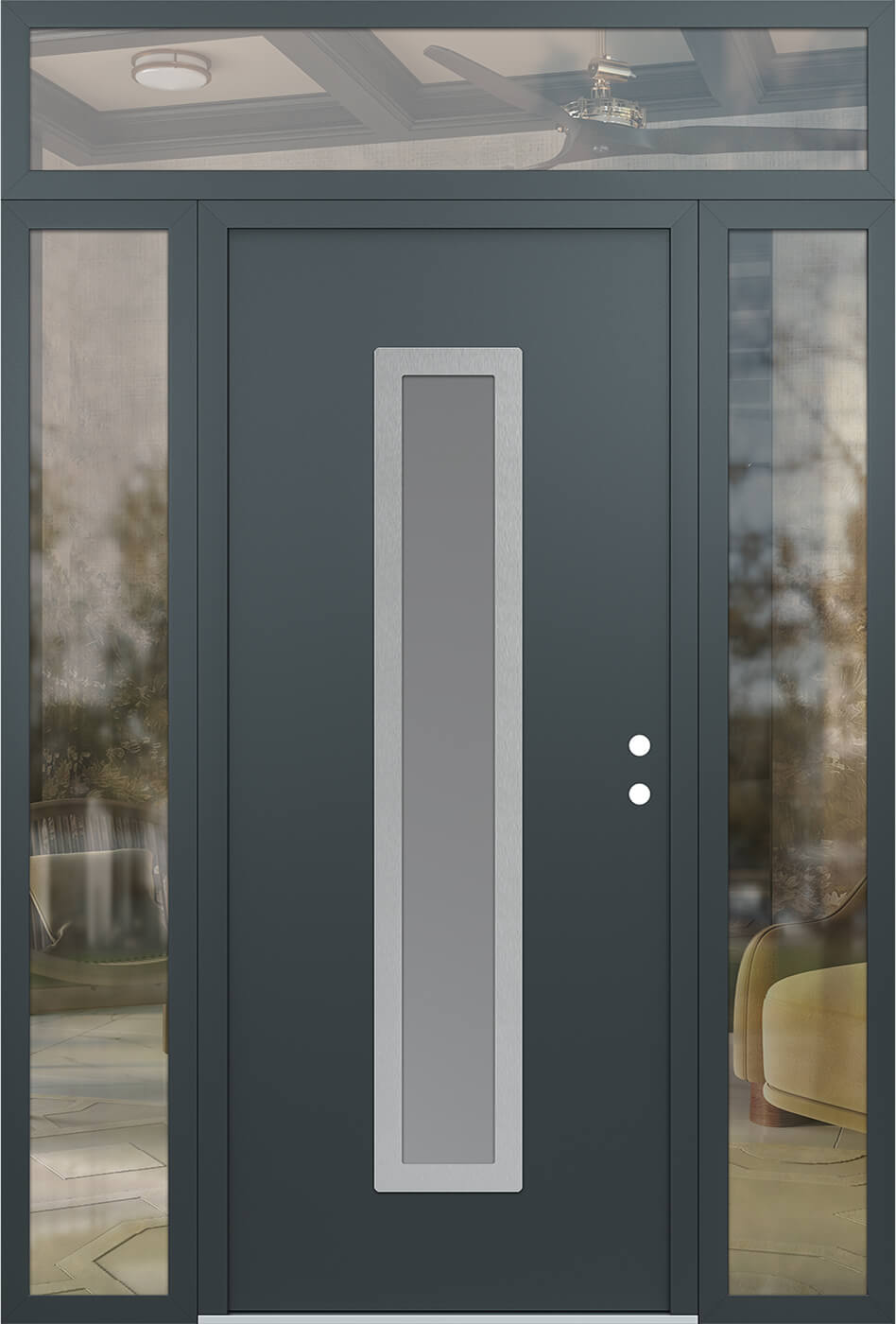 Modern Steel Front Door DIAMOND A11 60" X 96" ANTHRACITE/ANTHRACITE FROSTED GLASS PANEL STAINLESS STEEL RHI WITH 2 SIDELITES AND TRANSOM CLEAR GLASS