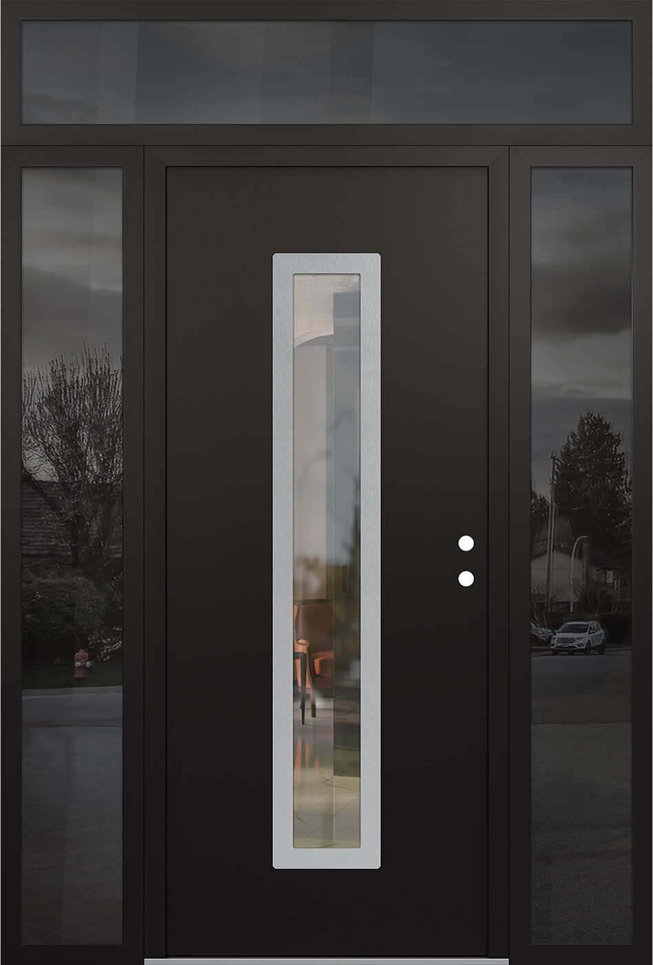 Modern Steel Front Door DIAMOND A11 60" X 96" BLACK/BLACK CLEAR GLASS PANEL STAINLESS STEEL LHI WITH 2 SIDELITES AND TRANSOM CLEAR GLASS