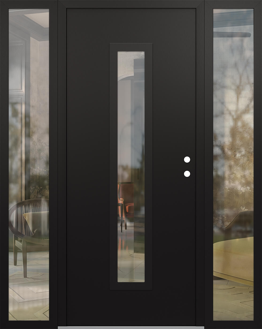 Modern Steel Front Door DIAMOND A11 64" X 80" BLACK/BLACK CLEAR GLASS PANEL BLACK LHI WITH 2 SIDELITES MIRRORED GLASS