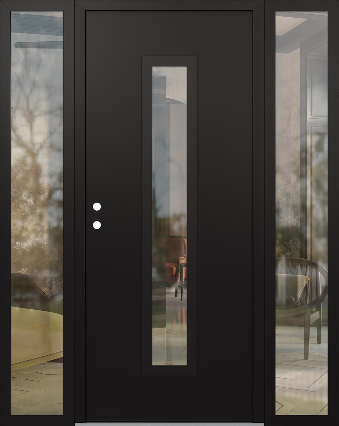 Modern Steel Front Door DIAMOND A11 64" X 80" BLACK/BLACK CLEAR GLASS PANEL BLACK RHI WITH 2 SIDELITES MIRRORED GLASS