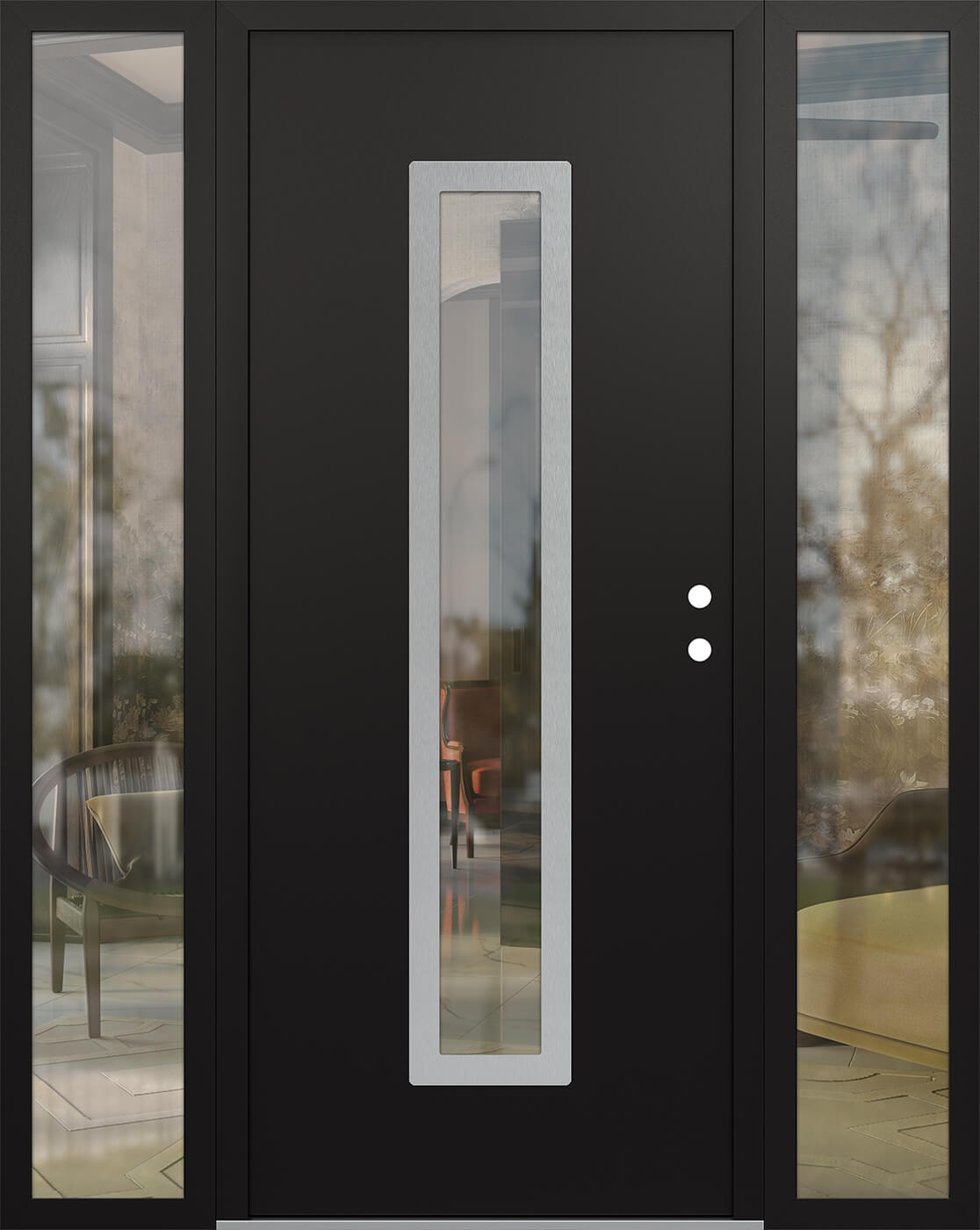 Modern Steel Front Door DIAMOND A11 64" X 80" BLACK/BLACK CLEAR GLASS PANEL STAINLESS STEEL LHI WITH 2 SIDELITES MIRRORED GLASS