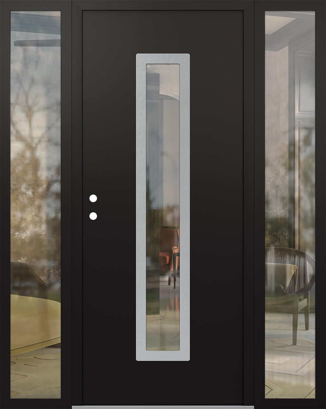 Modern Steel Front Door DIAMOND A11 64" X 80" BLACK/BLACK CLEAR GLASS PANEL STAINLESS STEEL RHI WITH 2 SIDELITES MIRRORED GLASS