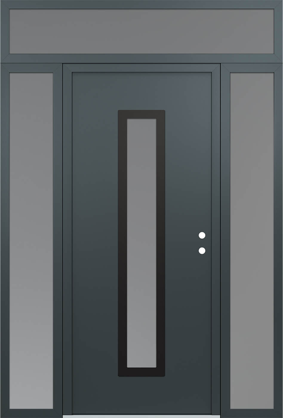 Modern Steel Front Door DIAMOND A11 64" X 96" ANTHRACITE/ANTHRACITE FROSTED GLASS PANEL BLACK LHI WITH 2 SIDELITES AND TRANSOM MIRRORED GLASS