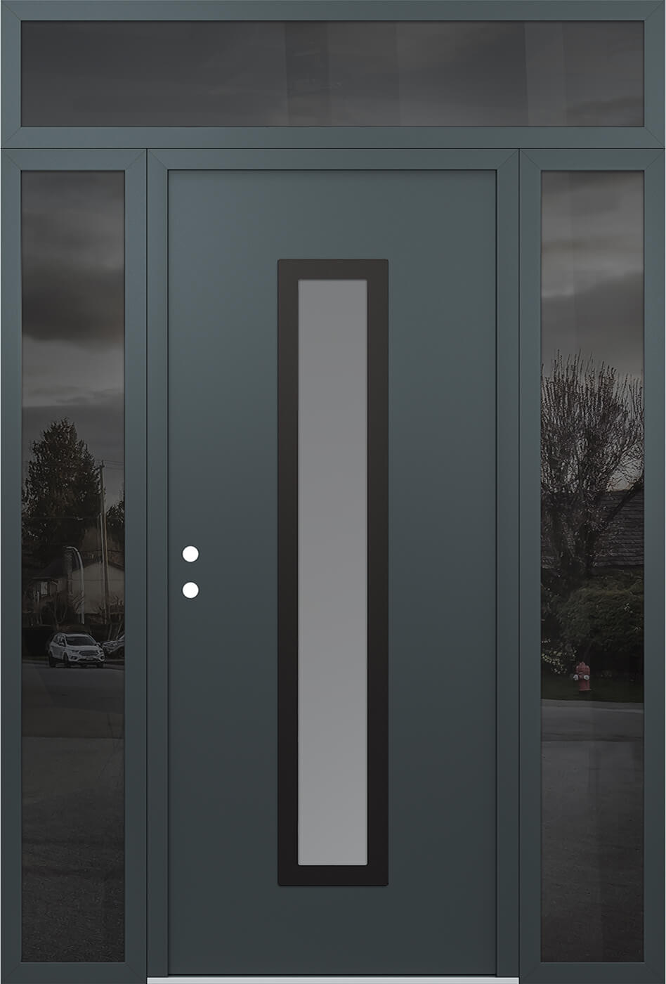 Modern Steel Front Door DIAMOND A11 64" X 96" ANTHRACITE/ANTHRACITE FROSTED GLASS PANEL BLACK RHI WITH 2 SIDELITES AND TRANSOM FROSTED GLASS